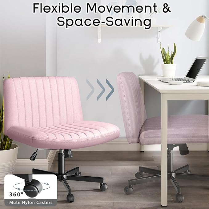 PUKAMI Criss Cross Chair with Wheels,Fabric Padded Armless Cross Legged Office Desk Chair for Home Office,Modern Swivel Height Adjustable Wide Seat Computer Task Vanity Chair(Pink)