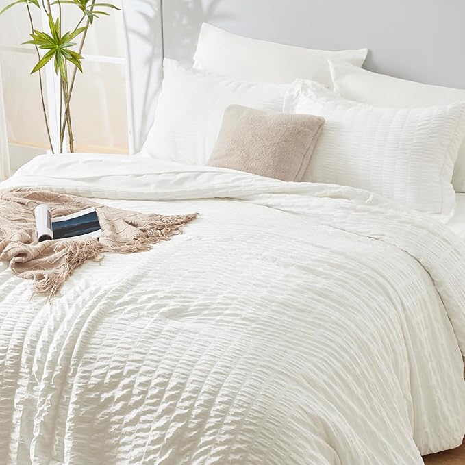 CozyLux King Size Comforter Set Ivory Seersucker 7 Pieces Bed in a Bag King - Image 7