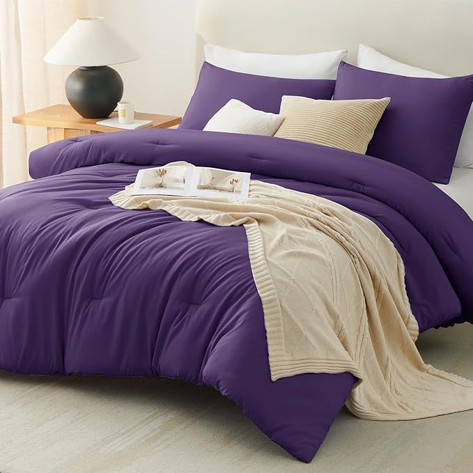 CozyLux Full Size Comforter Set Purple, 3 Pieces Solid Breathable Quilted - Image 7