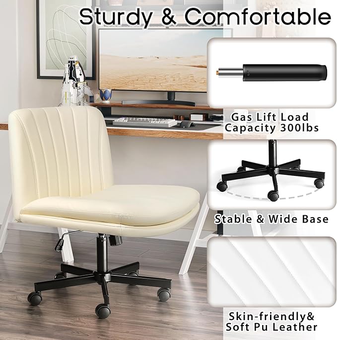 PUKAMI Criss Cross Chair with Wheels,Armless Cross Legged Office Desk Chair,PU Leather Modern Swivel Height Adjustable Wide Seat Computer Task Vanity Chair for Home Office(Beige)