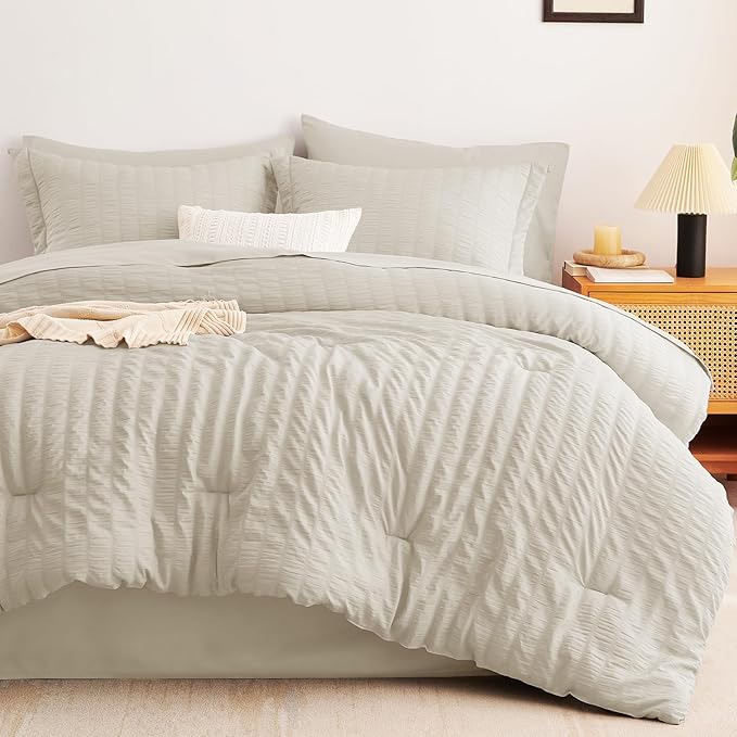 CozyLux King Size Comforter Set Oatmeal Seersucker 7 Pieces Bed in a Bag King - Image 9