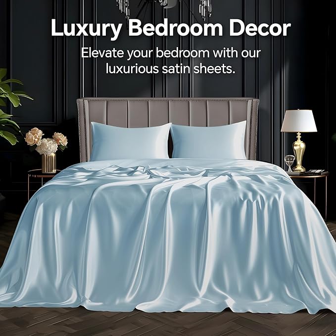 BEDELITE Satin Sheets Queen Size Bed Set, Luxury Soft Light Blue Silky Sheets - Image 2