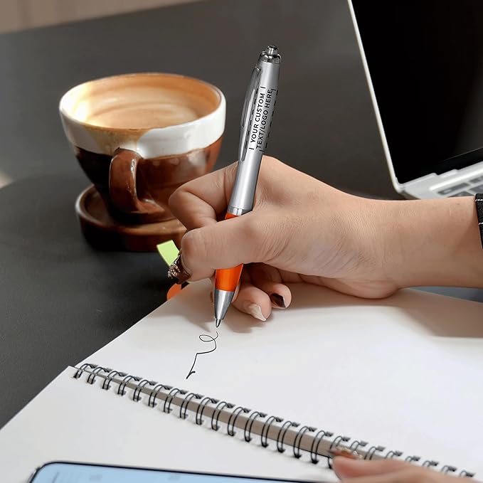 DISCOUNT PROMOS Ballpoint Pens With Rubber Grip, 50 pack, Custom Promotional Text, Logo with Name, Black Ink Writing Pens in Bulk, Orange