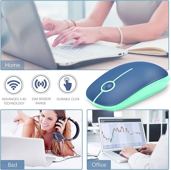 VssoPlor Wireless Mouse, 2.4G Slim Portable Computer Laptop Mouse with Nano Receiver Quiet Silent Optical Mice for Notebook, PC, Laptop, Computer-Blue and Green
