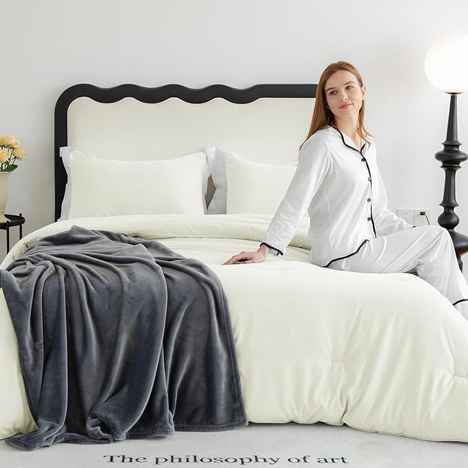 CozyLux King Size Comforter Set Ivory, 3 Pieces Solid Comforters King Size - Image 8