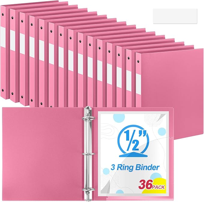 Henoyso 36 Pcs 3 Ring Binder 0.5 Inch Round Fits Letter Size 8.5'' x 11'' Paper Plastic Flexible Binder Bulk Holds 140 Sheets with 1 Pockets Versatile Organizer for Home Office School (Pink)