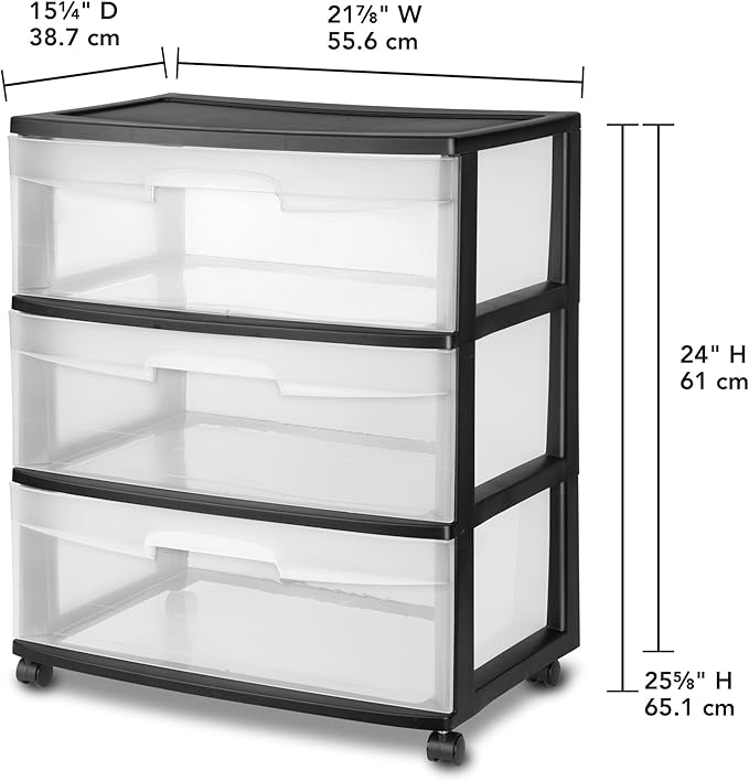 3-Drawer Wide Rolling Storage Cart with Clear Drawers and Wheels, Durable Plastic Storage Organizer for Bedroom, Closet, Dorm and Home Office.