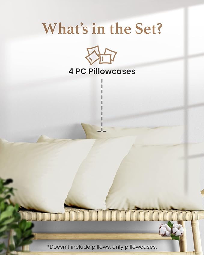 1000 TC Ivory Standard Pillowcases Set of 4 100% Egyptian Cotton Pillow Cases - Image 2