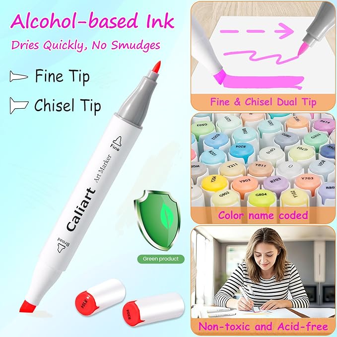 Caliart Alcohol Based Markers, 180 Colors Art Marker Set Fine & Chisel Dual Tip, Permanent Colored Pens for Adults Coloring Book Artists Illustration Sketch Drawing