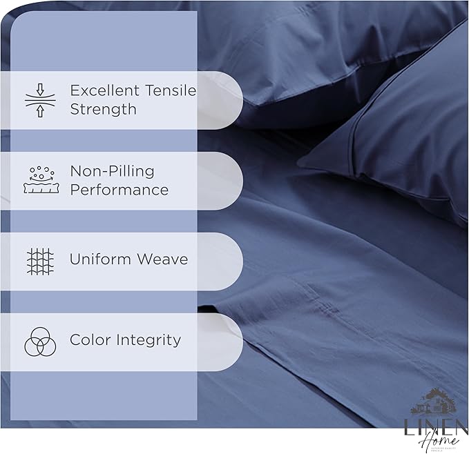 Linen Home 100% Cotton Percale Sheets California King Size, Dark Blue, Deep - Image 2