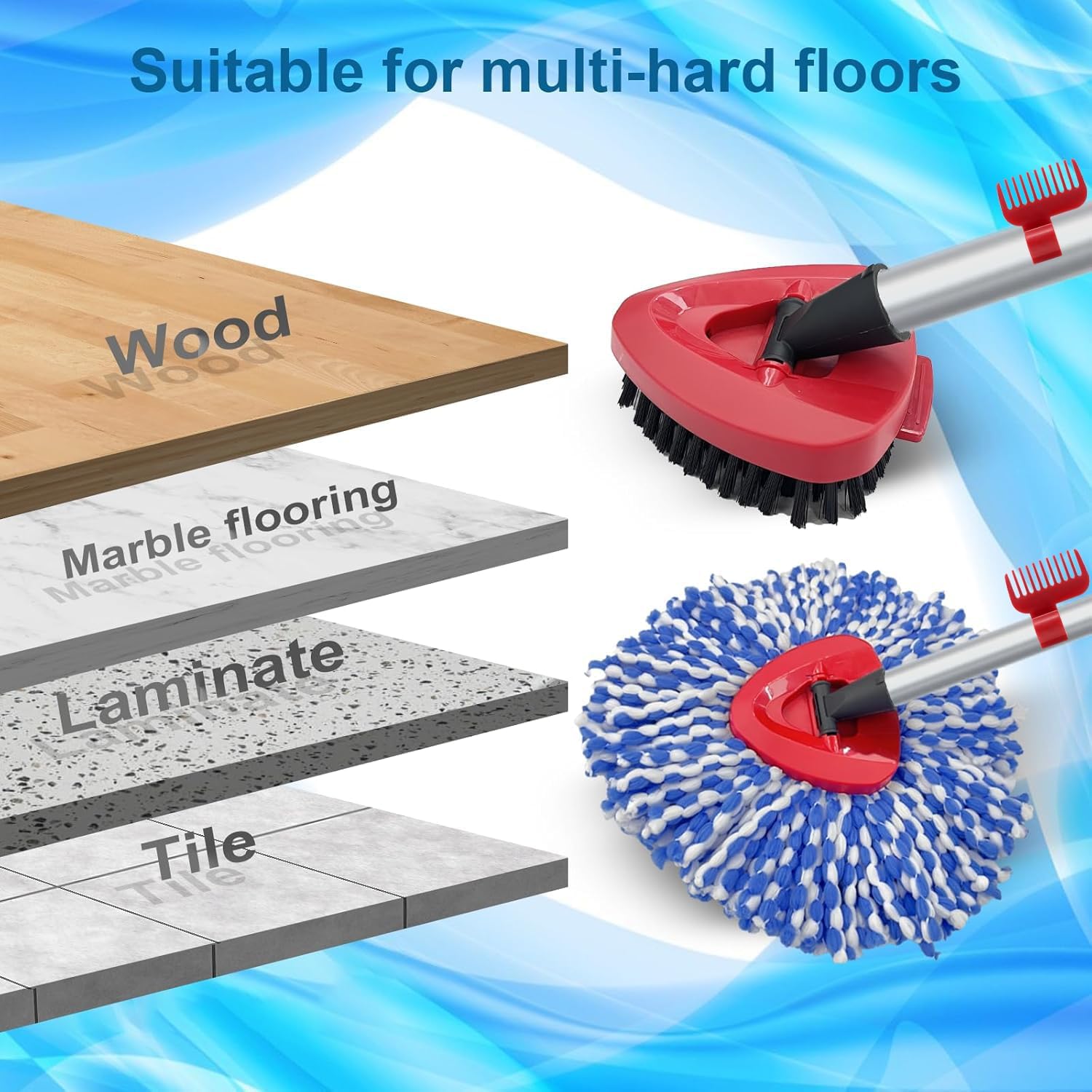 2 Pack Spin Mop Heads Replacement Compatible with O Cedar RinseClean 2 Tank, Upgraded Scrub Brush,4 Section Mop Handle and 1 Base Combo Set, Microfiber Replace Head Refill