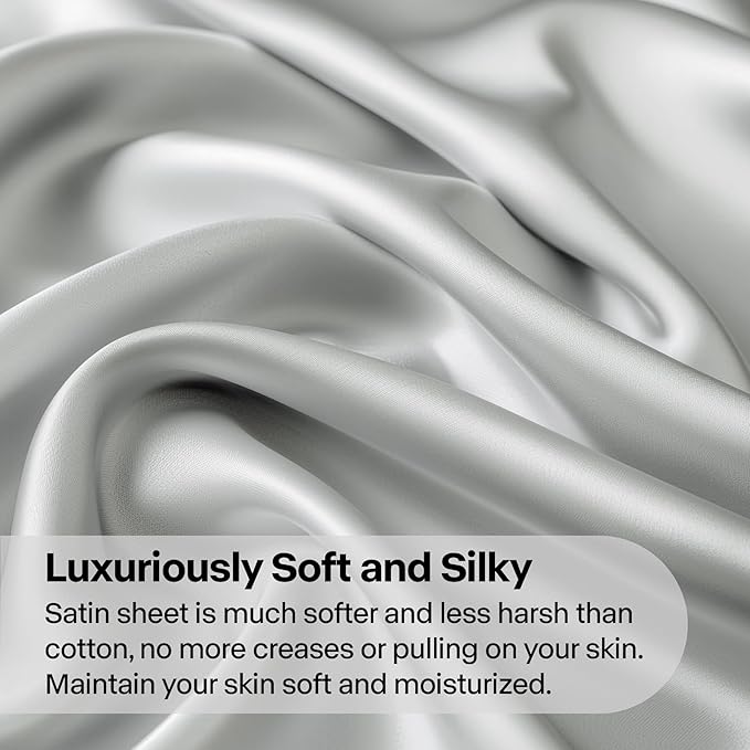 BEDELITE California King Sheets Set, Luxury Soft Grey Satin Sheets - Image 3