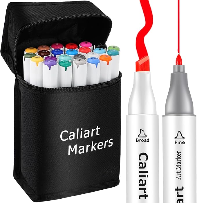 Caliart Alcohol Based Markers, 24 Colors Art Marker Set Fine & Chisel Dual Tip, Permanent Colored Pens for Adults Coloring Book Artists Illustration Sketch Lettering Drawing Cards Planner