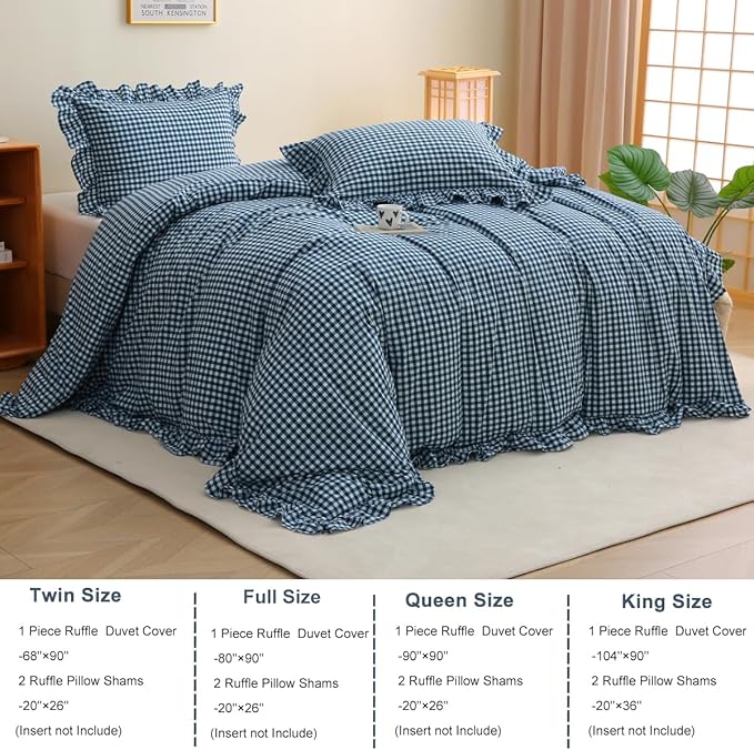 Silnuo Navy Blue/White Plaid Ruffle 3-Piece Duvet Cover Set King Size, Washed - Image 4