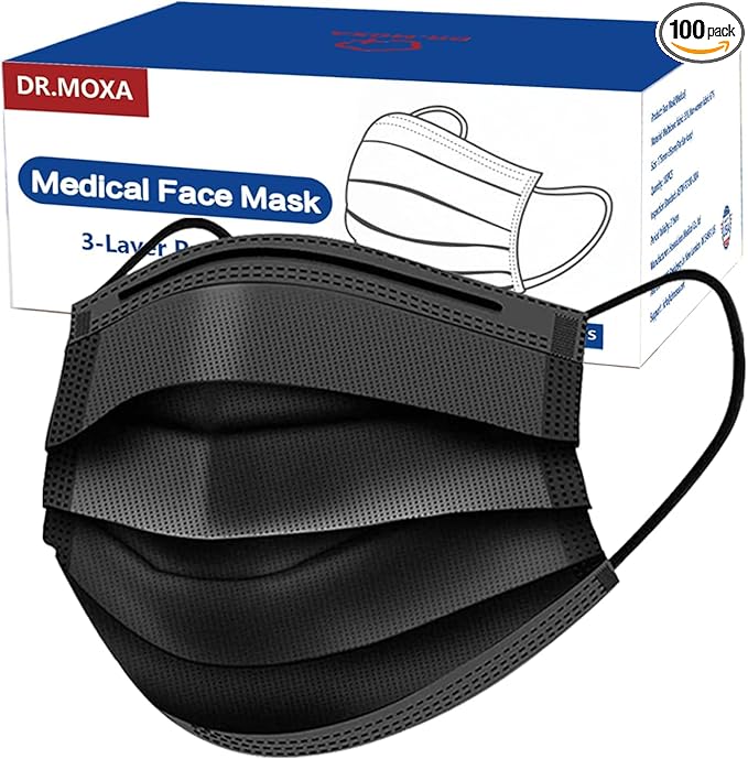 100 Pack Medical Grade Black Disposable Face Masks-Protective 3 Ply Face Mask by DRMOXA