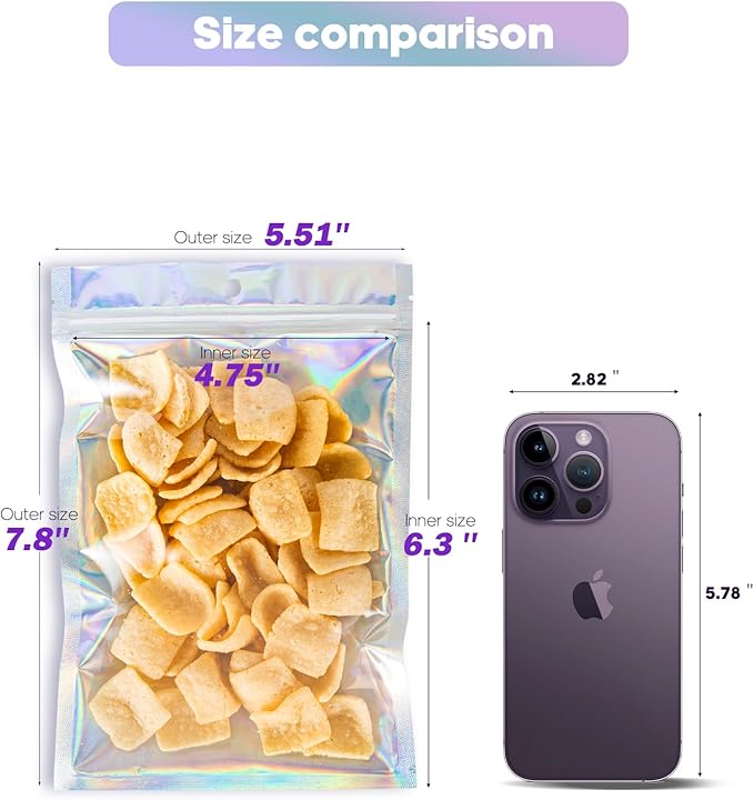 5.5x7.8 inch Holographic Packaging Bags, Resealable Foil Pouch Mylar Sample Bag Great for Small Business and Party Favor Food Storage（50 Pcs-5.5x7.8 in）Holographic Color