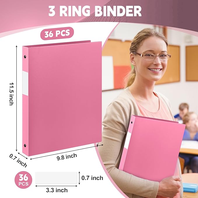 Henoyso 36 Pcs 3 Ring Binder 0.5 Inch Round Fits Letter Size 8.5'' x 11'' Paper Plastic Flexible Binder Bulk Holds 140 Sheets with 1 Pockets Versatile Organizer for Home Office School (Pink)