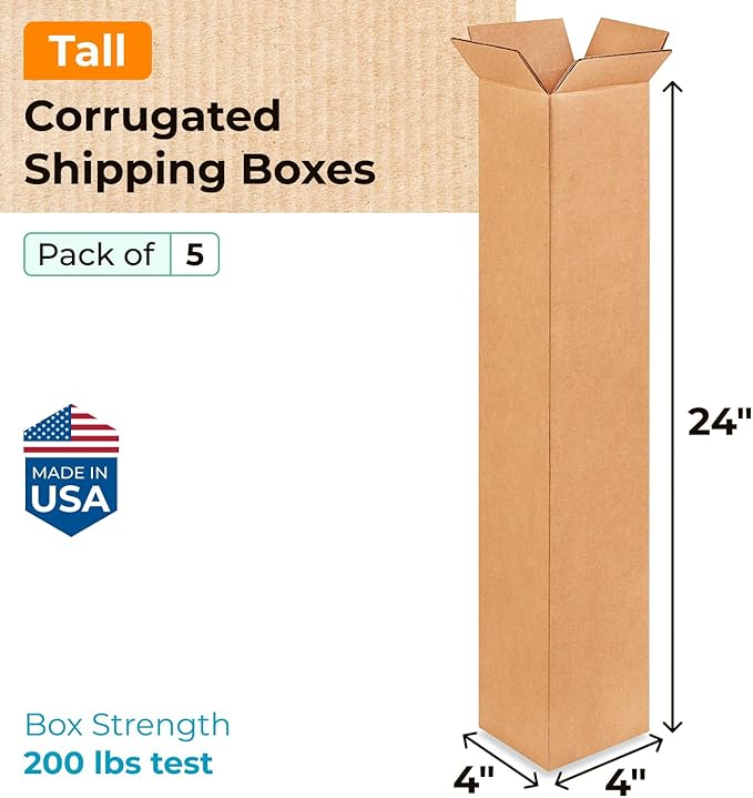Tall Moving & Shipping Boxes 4 x 4 x 24 inches (5-Pack) - Extra Strength 200 lb vs Regular - Corrugated Moving Boxes, Made in USA - Packing Box for Shipping by IDL Packaging
