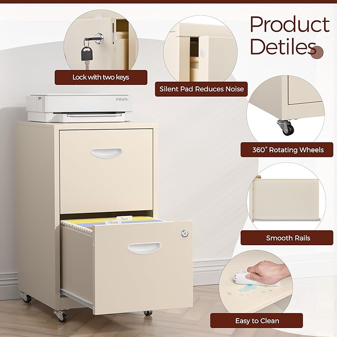 Kubohogar 2 Drawer Mobile File Cabinet with Lock, Cream Metal Filing Cabinets with Wheels, Vertical Rolling File Cabinet Fit Hanging Files, Letter and A4 Documents