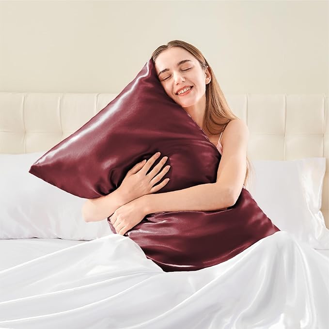 BEDELITE Satin Pillowcase with Zipper 2 Pack, Burgundy Pillow Cases Standard - Image 2