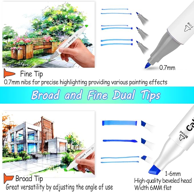 Caliart Alcohol Based Markers, 24 Colors Art Marker Set Fine & Chisel Dual Tip, Permanent Colored Pens for Adults Coloring Book Artists Illustration Sketch Lettering Drawing Cards Planner