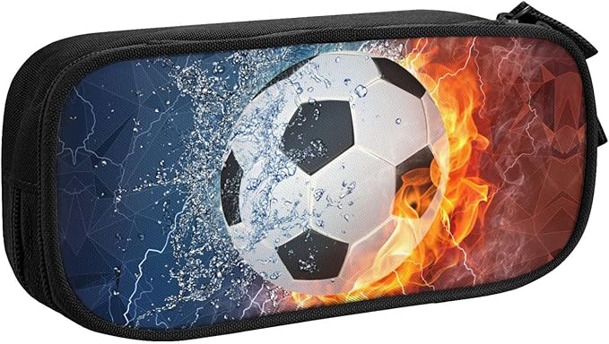 Boys Pencil Case with Soccer Printed, Cool Fire & Water Portable Pen Bag Pouch with Zipper for Teens Stationary Supplies, Small Pencil Box Cosmetic Bag for Sports Girls