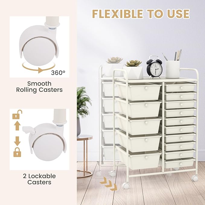 GOFLAME 15-Drawer Rolling Storage Cart, Craft Storage Cart with Removable Drawers & Lockable Wheels, Art Cart Supply Storage Organizer for Home Office Classroom, White