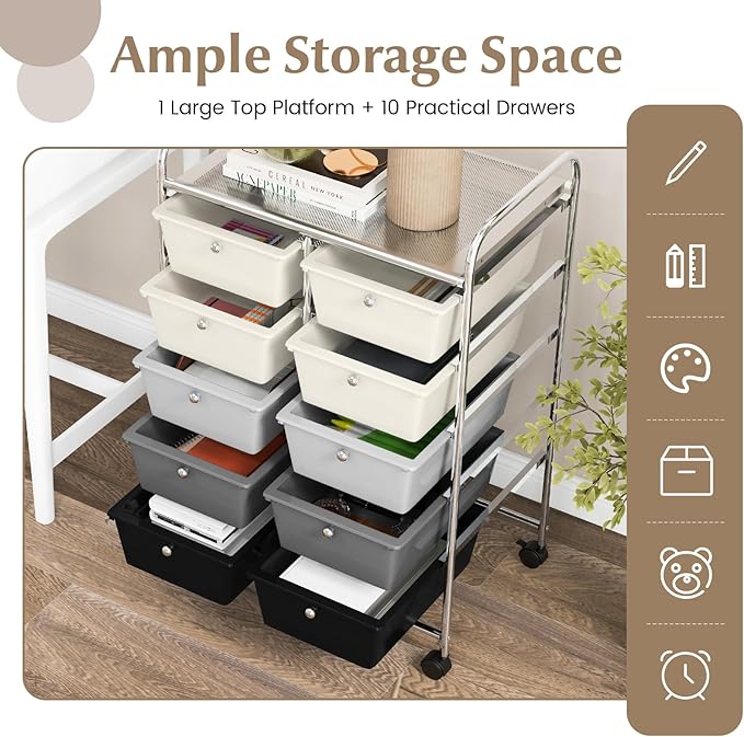GOFLAME 10-Drawer Rolling Storage Cart, Art Craft Storage Organizer on Wheels, Multipurpose Movable Utility Cart for School, Office and Home, Grey Gradient