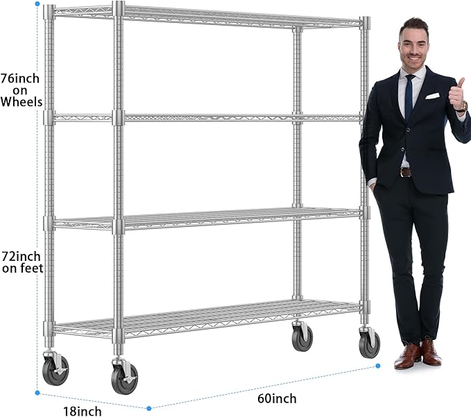 Homdox 4 Tier Heavy Duty Metal Wire Shelving with Wheels, 2400 lbs Capacity Garage Storage Rack, Rolling Industrial Storage, Adjustable Commercial Shelves for Kitchen, Warehouse, 18"x60"x72", Chrome