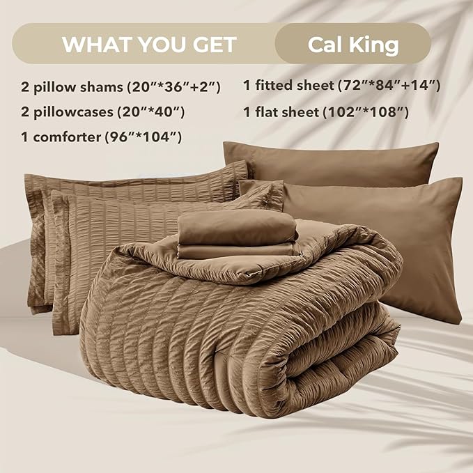 HYMOKEGE Brown California King Comforter Set Seersucker 7 Pieces, All Season - Image 5