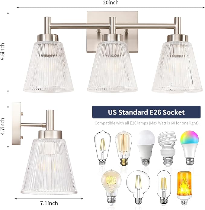 OCIOC Nickel Bathroom Vanity Light 3-Light Bathroom Light Fixtures Over Mirror - Image 3