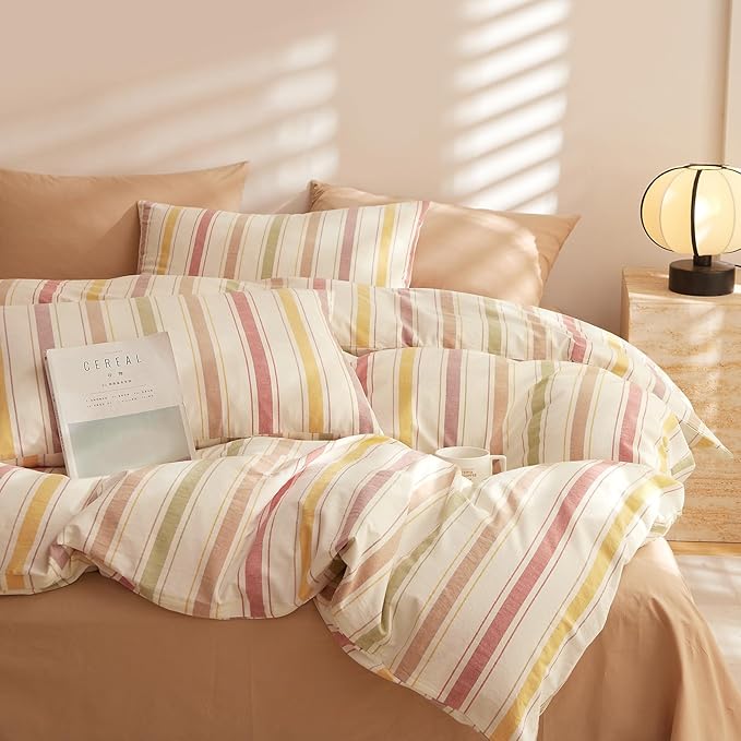 mixinni Vintage Striped Duvet Cover Set Twin, 3-Piece Washed Cotton Bedding Set by mixinni