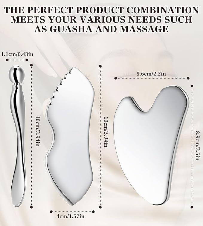 Gua Sha Facial Tools, 3 in 1 Stainless Steel Metal Guasha & Eye Cream - Image 3