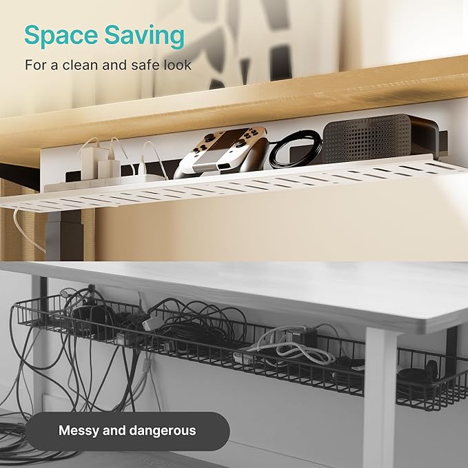 PEGZONE Under Desk Cable Management Tray, 31.5 Inches Metal Cord Organizer Rack, Desk Tray for Power Strip, Cord, Wire, Easy Mounting Cable Management Under Table for Home Office, White