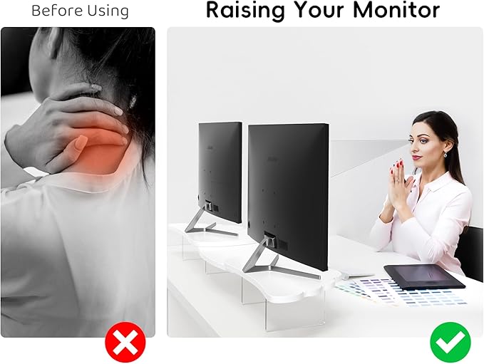AFOOYO Dual Monitor Stand Riser, Wing-Shaped Sturdy Desktop Wood Stand for 2 Monitors, White Riser for Laptop, PC, Computer