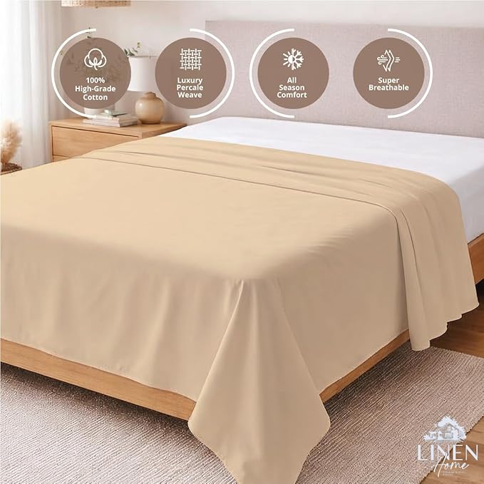 Linen Home 100% Cotton Percale 1 Flat Sheet, Queen Size - Image 3