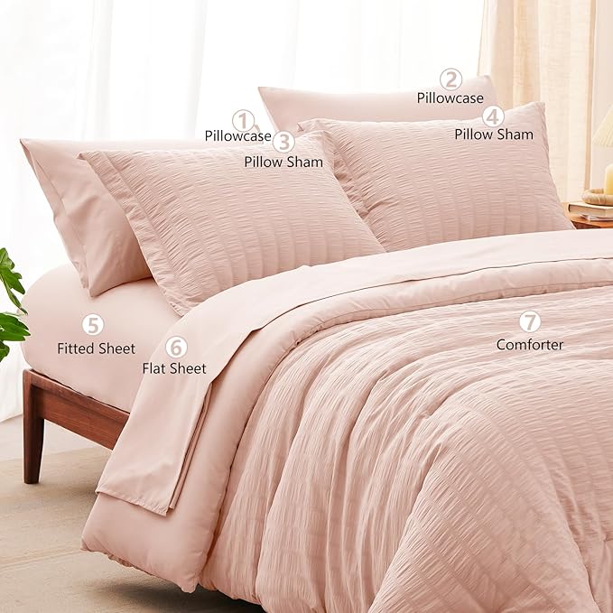 CozyLux Queen Comforter Set Blush Pink Seersucker 7 Pieces Bed in a Bag Queen - Image 8