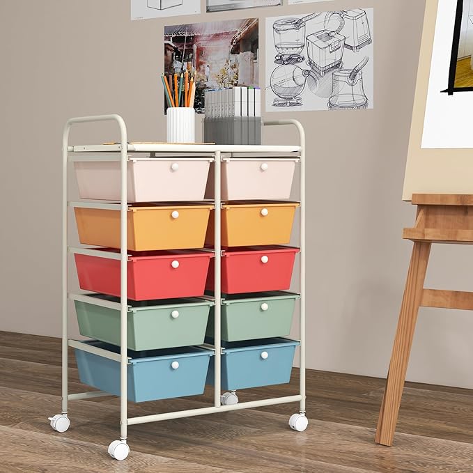 GOFLAME 10-Drawer Rolling Storage Cart, Art Craft Storage Organizer on Wheels, Multipurpose Movable Utility Cart for School, Office and Home, Macaron Color