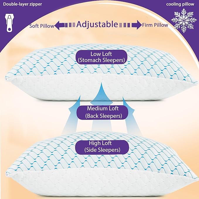 VAINOC Memory Foam Pillows King Size Set of 2, Adjustable Cooling Firm Pillow - Image 8