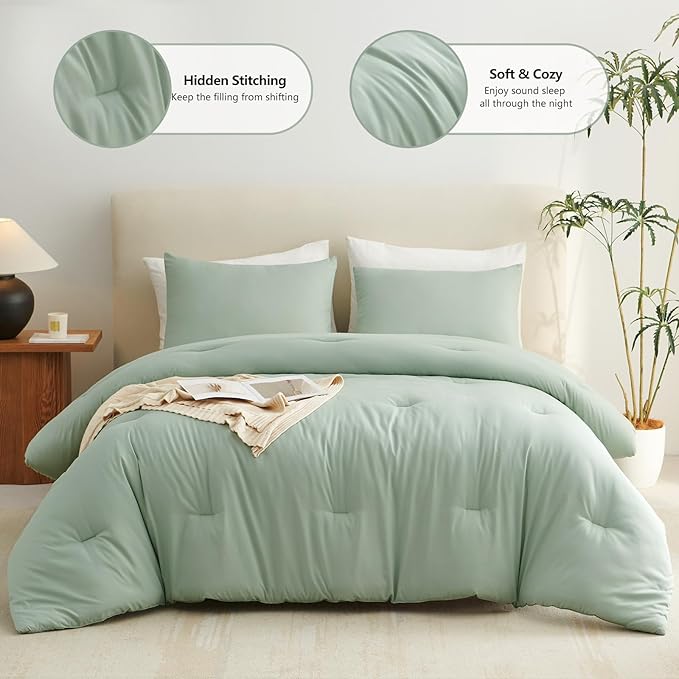 CozyLux King Size Comforter Set Sage Green, 3 Pieces Solid Comforters King Size - Image 2