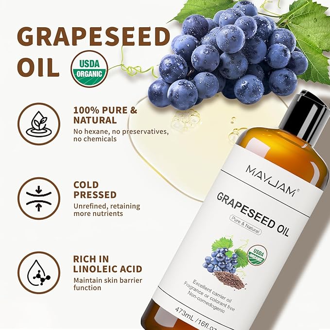 MAYJAM Organic Grapeseed Oil for Skin & Hair 16 oz, USDA Certified 100% Pure & - Image 2
