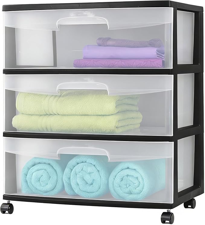 3-Drawer Wide Rolling Storage Cart with Clear Drawers and Wheels, Durable Plastic Storage Organizer for Bedroom, Closet, Dorm and Home Office.