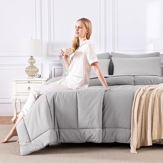 CozyLux Queen Comforter Set French Grey, 7 Pieces Bed in a Bag, All Season - Image 7