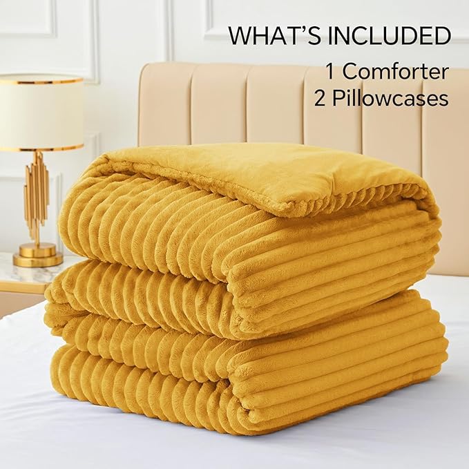BEDELITE Fleece California King Comforter Set -Super Soft & Warm Fluffy Mustard - Image 6