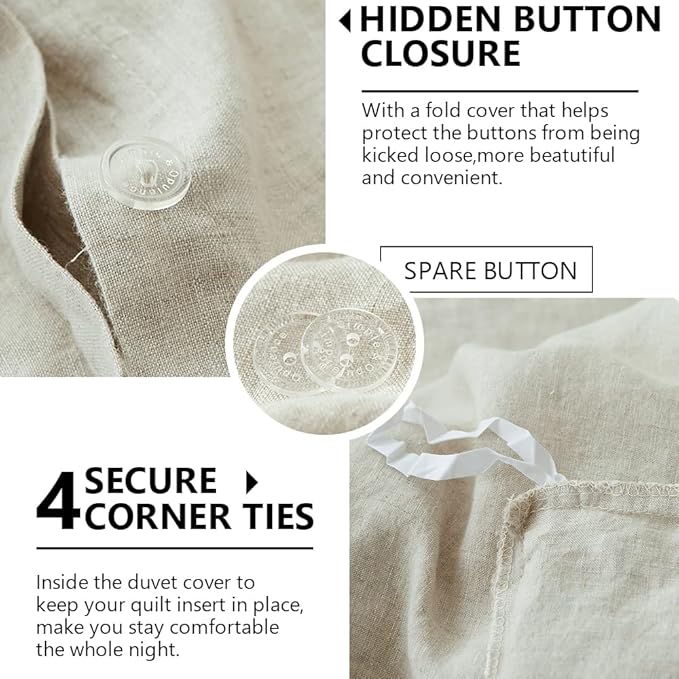 Simple&Opulence 100% Washed Linen Duvet Cover Set 5pcs Basic Style Natural - Image 3