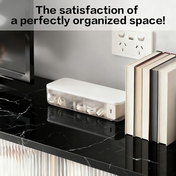 Cord Organizer Box with Lid, 7 Compartment Cable Management with 7 Wire Ties, Dustproof Cable Storage Box for Office & Home, Wire Hider for Computer Desk, Charger Cables, Power Cords (1pack)