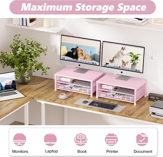 OPNICE Computer Monitor Stand Riser, Desk Organizer with Drawer, Laptop Stand, Office Desk Accessories & Workspace Desktop Organizers Storage for Office Supplies(Pink)