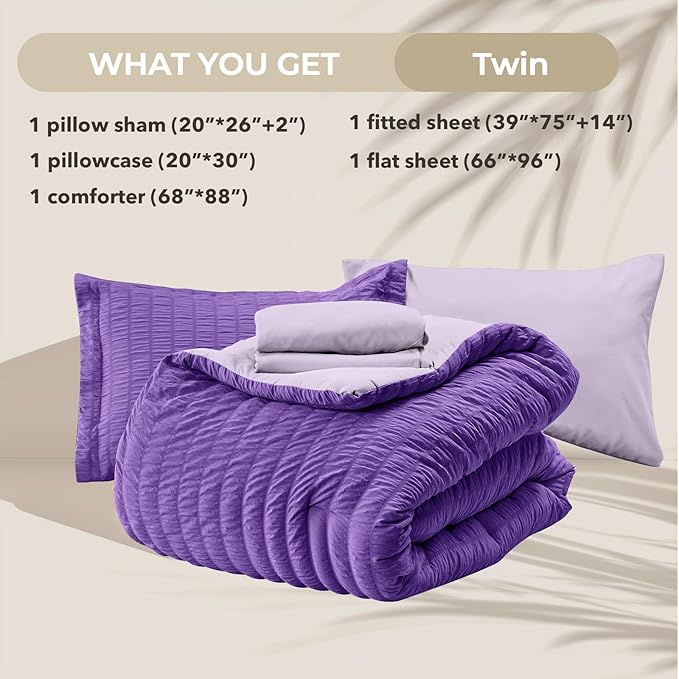 HYMOKEGE Dark Purple/Lavender Twin Comforter Set Seersucker 5 Pieces, All - Image 6