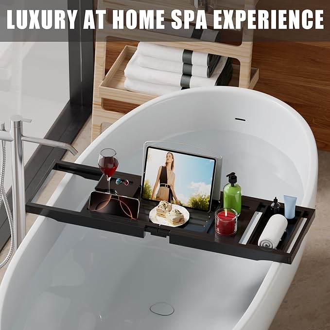 Foldable Bathtub Caddy Tray for Tub, Bamboo Expandable Bath Table Trays - Image 2