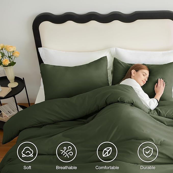 CozyLux Super King Plus Comforter Set Olive Green, 3 Pieces 128x120 Solid - Image 5